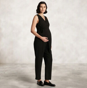 NOM Ines Maternity Jumpsuit S Black Wrap Top Sleeveless Bamboo Nursing Wide Leg